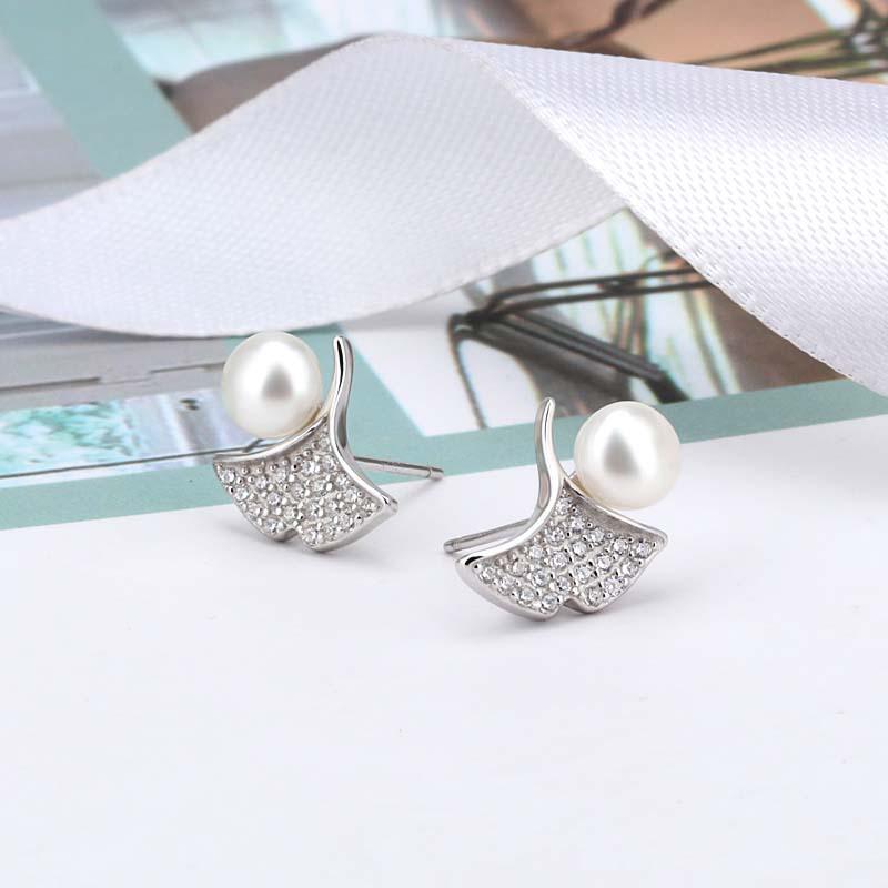 Beixi S925 Sterling Silver Ginkgo Leaf Diamond & Pearl Stud Earrings - Elegant & Fashionable Women's Jewelry
