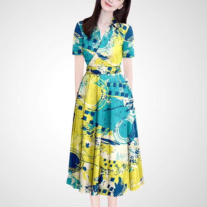 

Women s Exquisite Yellow Printings Lace up Slim Fit Dress Lake Blue yellow Print S