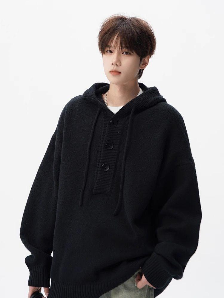 Men's Casual Knitted Hooded Pullover Sweater Coat - Autumn/Winter Versatile Loose Fit.