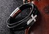 Men's Black Leather Bracelet Braided Silver Cross Surgical Steel
