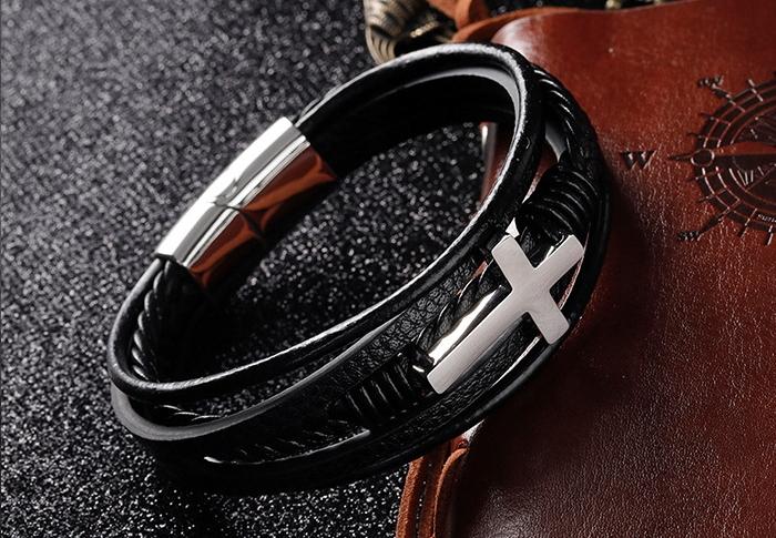 Men's Black Leather Bracelet Braided Silver Cross Surgical Steel