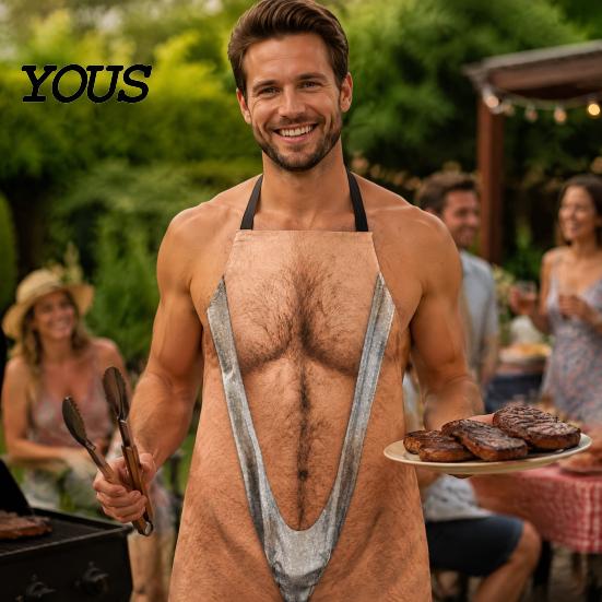 Practical Prank Gifts for Dad Funny 3D Hairy Men's Body Apron, Novelty Muscle Print BBQ Personalized Cooking Gear Bib, Adjustable Polyester