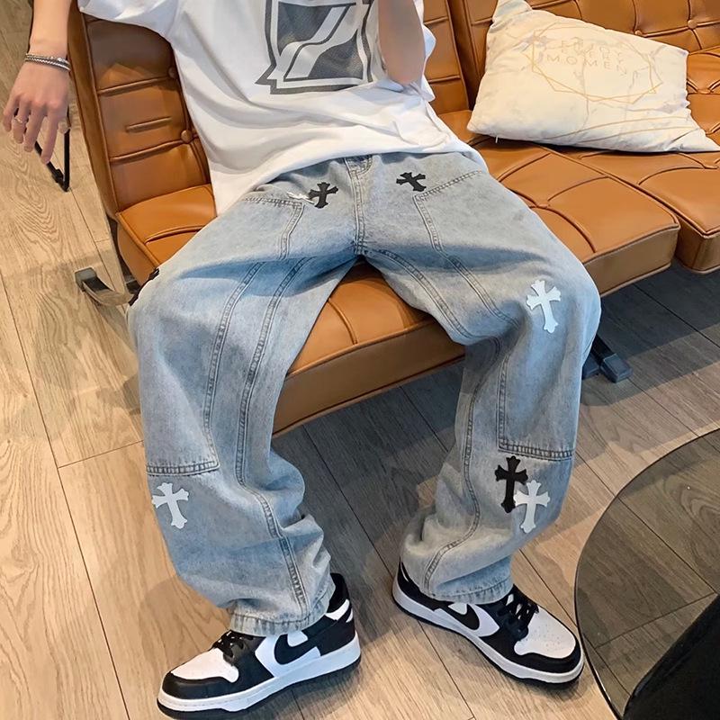 Men's Hong Kong Style Wide-Leg Straight Jeans - Trendy Casual Trousers