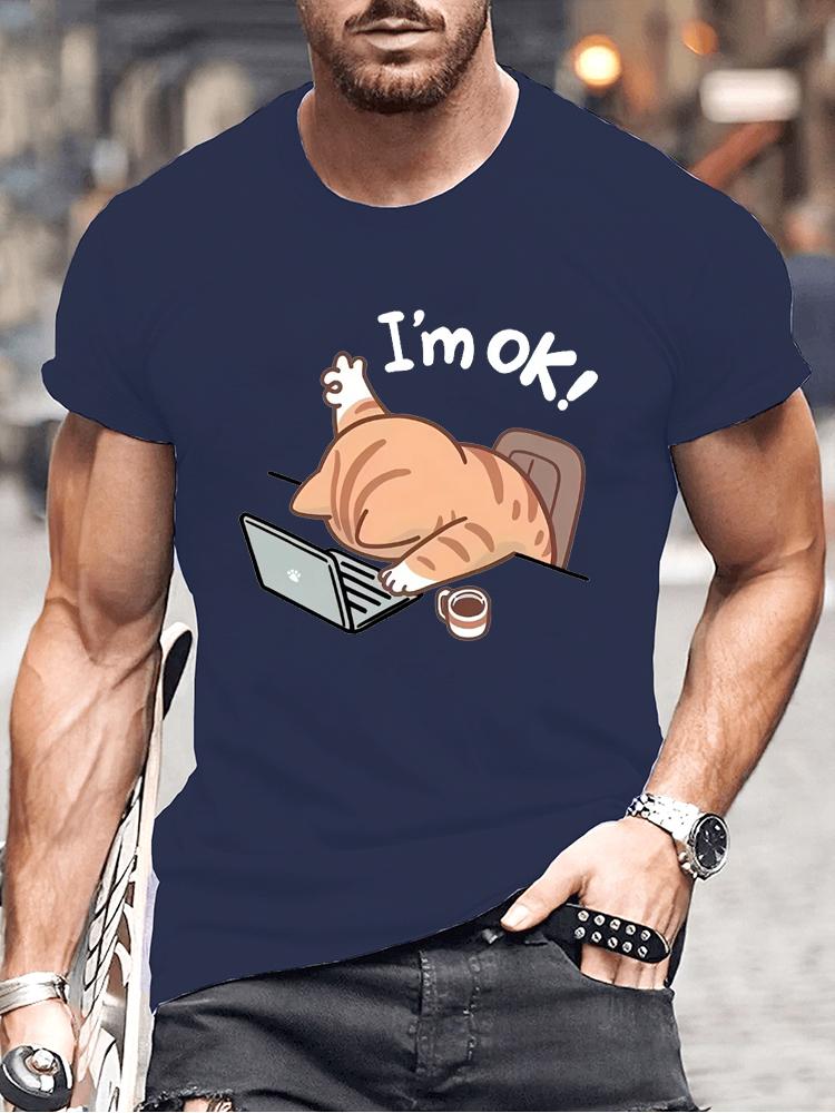 Cute "I'm OK" Cat Graphic T-Shirt for Men Women Casual Round Neck Short Sleeve Tee Fashion Stylish Lazy Cat Design T-shirts Tops