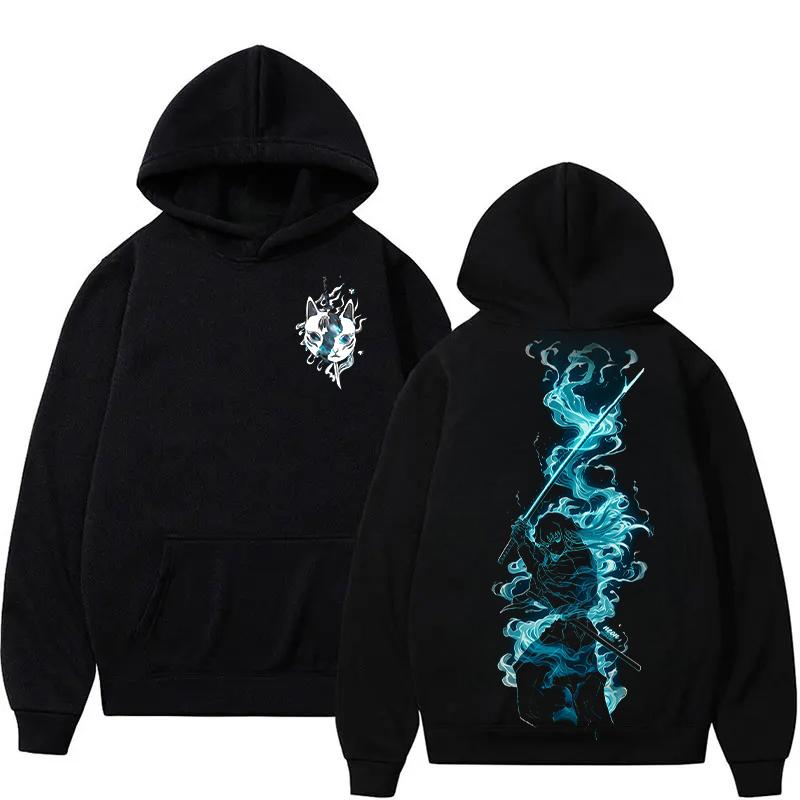 Anime Demon Slayer Water Breathing Print Black Hoodie Oversized Streetwear Sweatshirt Men Women Long Sleeve Top