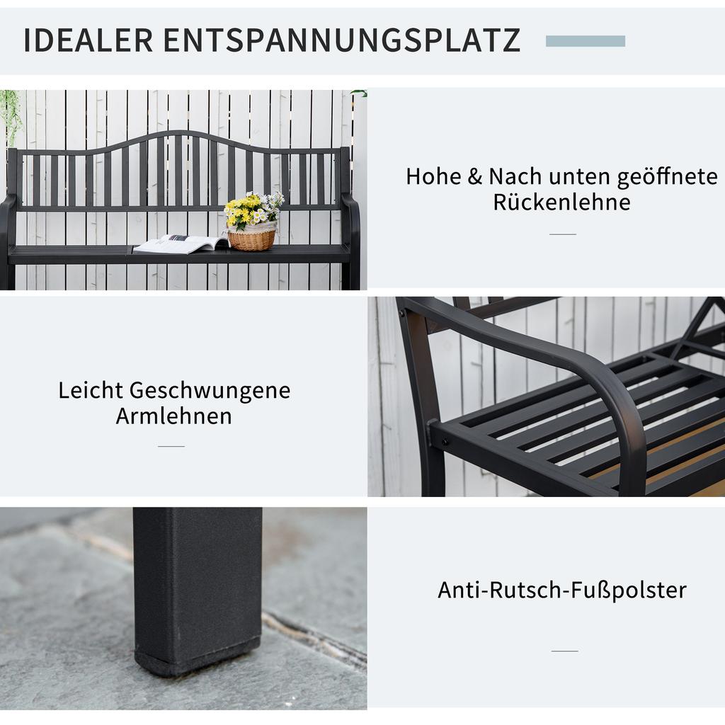 Metall-Gartenbank mit hochklappbarem Mitteltisch. Garten-Zweisitzer. Gartenbank für den Garten. Vorbau. Sitzplätze für 2–3 Personen. Schwarz
