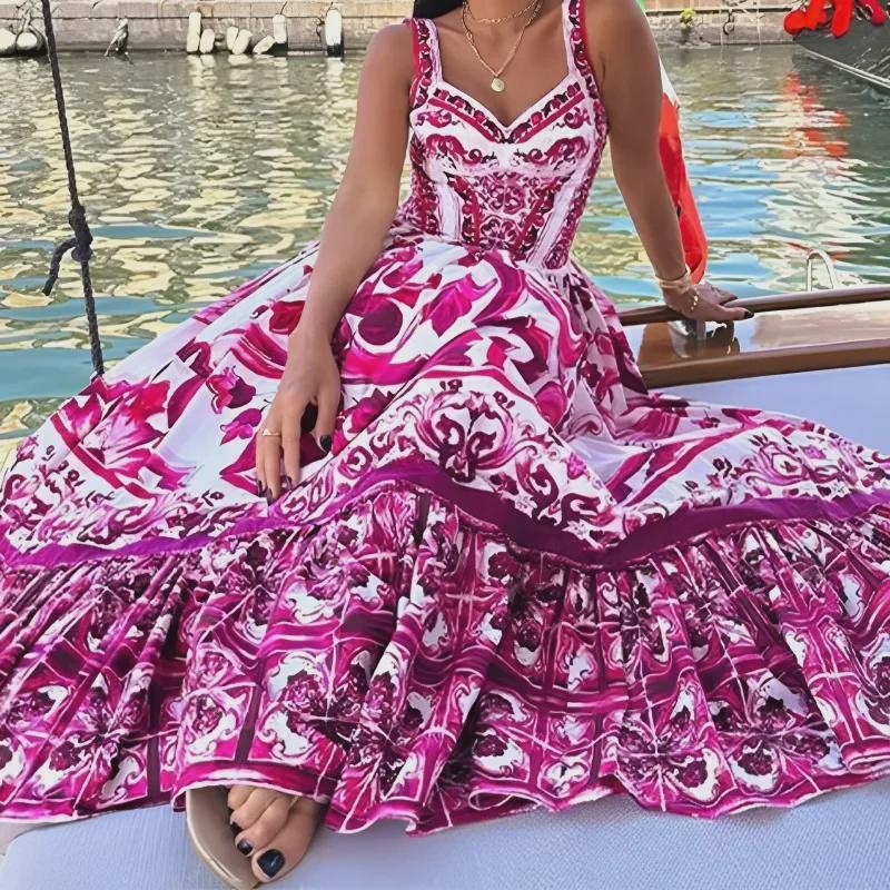 European & American Women's Bohemian Elegant Light Luxury Printed Midi Dress