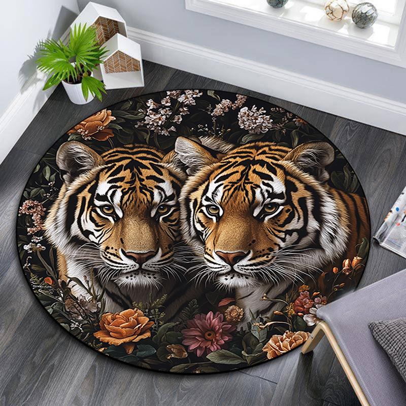 Tiger Artwork Round Area Rug,Carpet Rug for Living Room Bedroom Sofa Playroom Decor,Non-slip Floor Mat