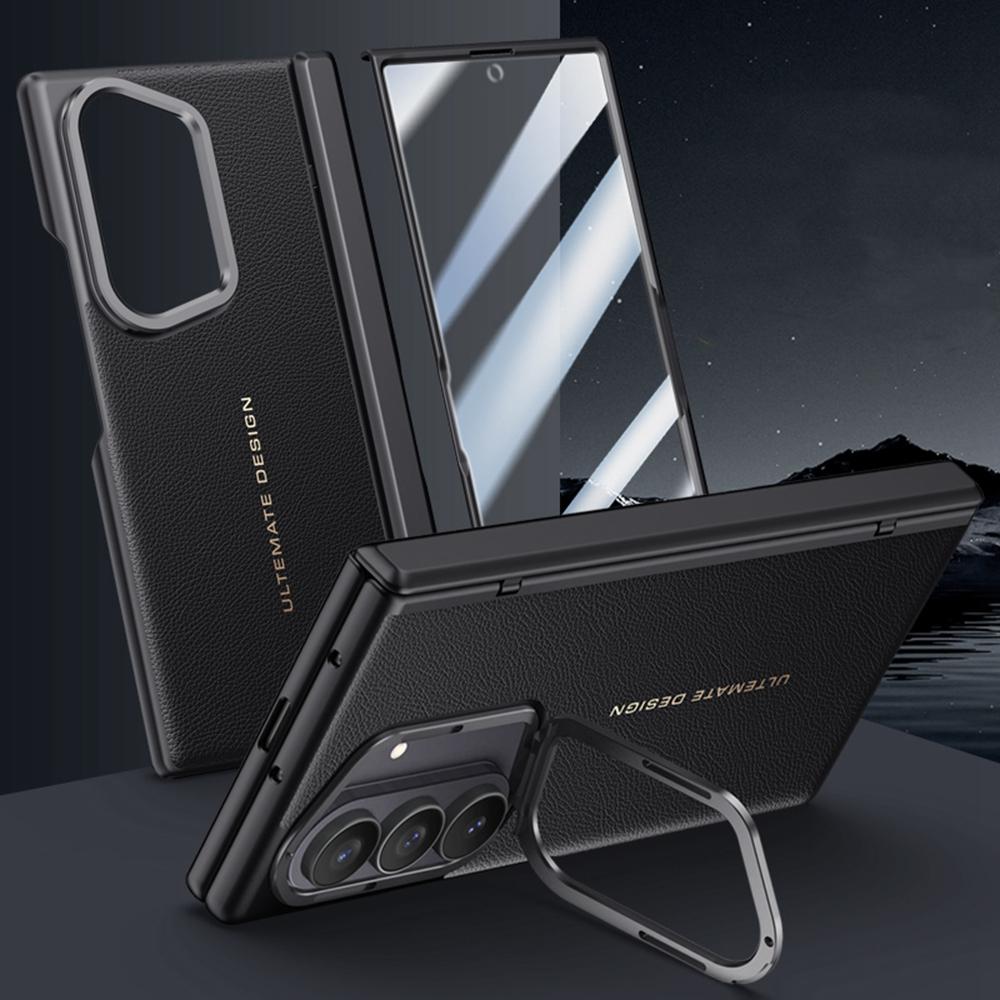 For Samsung Galaxy Z Fold7 5G Case Leather+PC Phone Cover with HD Tempered Glass Film,Lens Kickstand