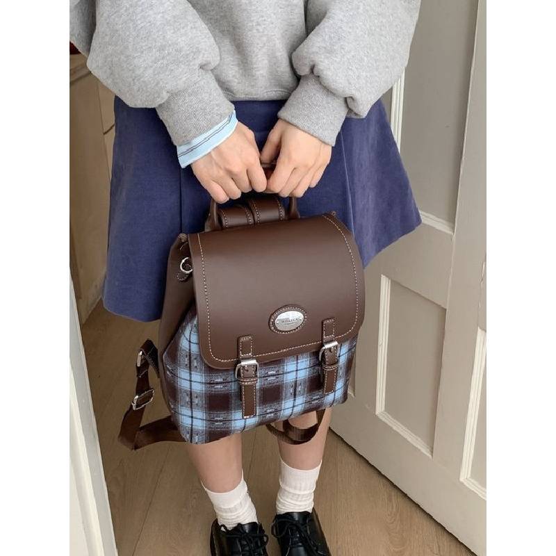 Plaid Backpack For Women Men Pu Material With Spacious Storage For Daily Use