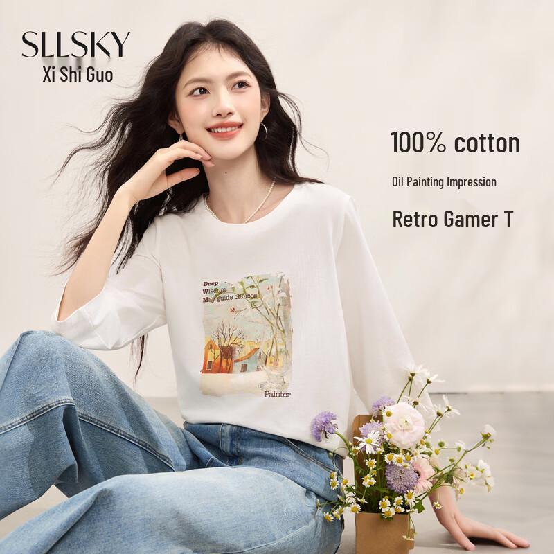 Women s Retro Oil Painting Print Cotton T-Shirt M