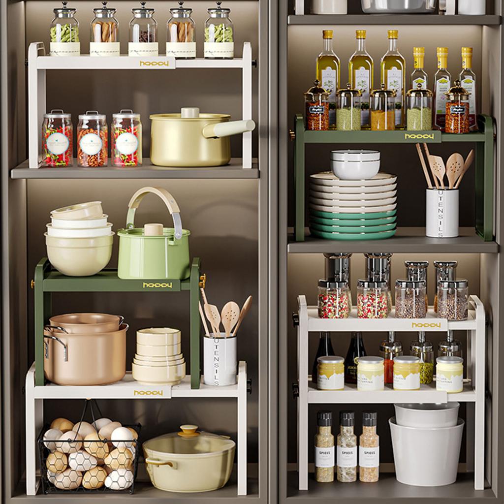 Tabletop Kitchen Storage Rack White Plastic Double Layers Telescopic Kitchen Shelf Organizer for