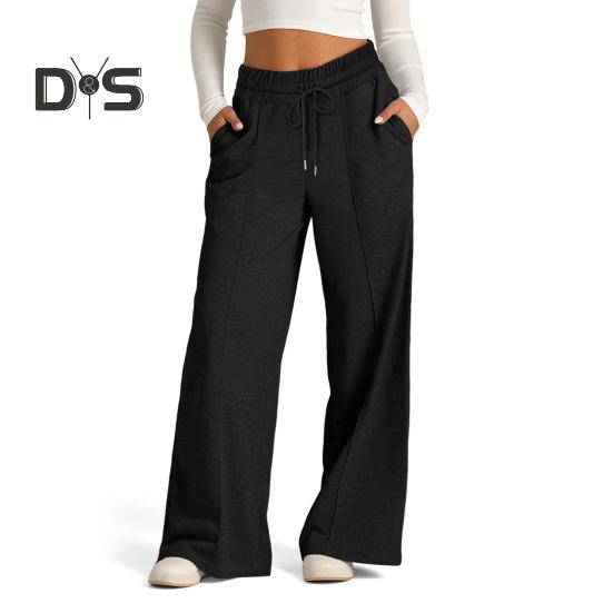 Women Sweatpants Elastic Mid-rise Adjustable Drawstring Straight Wide Leg Jogger Athletic Pants with Pockets Loose Fit Yoga Trousers
