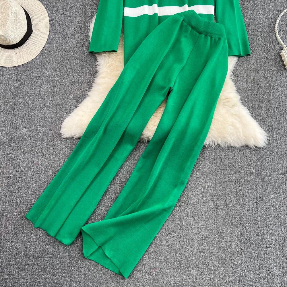 Modny garnitur damski na co dzień ze stójką i zamkiem błyskawicznym w paski, dzianinowy top dwuczęściowy zestaw z wysokim stanem, prostymi rurkami, długimi spodniami z szerokimi nogawkami