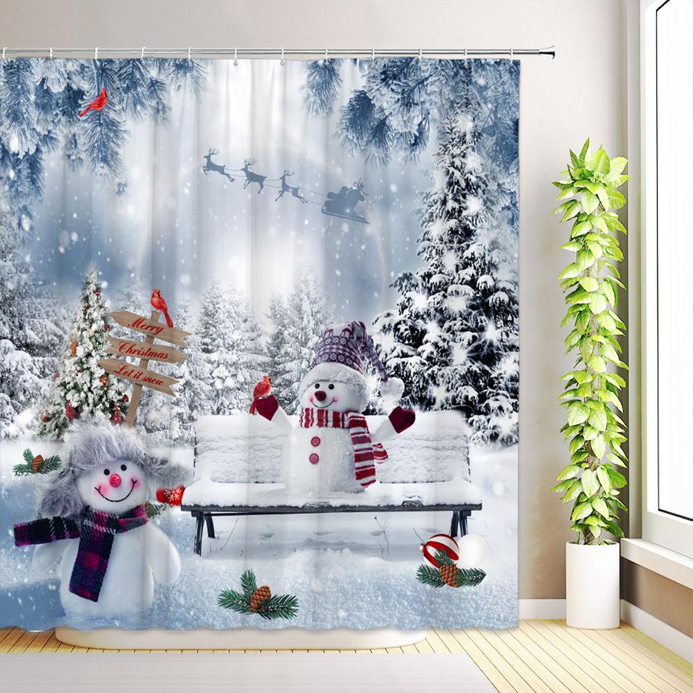 Winter Christmas Snowman Shower Curtains Snowflake Xmas Reindeer Nature Forest Snowy Scenery Farmhouse Bathroom Decor with Hooks