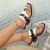 Fashion 2025 Plus-size Fashionable Summer New Height-increasing Thick-heeled Metal Buckle Slippers with a One-shoulder Beach Flip-flops