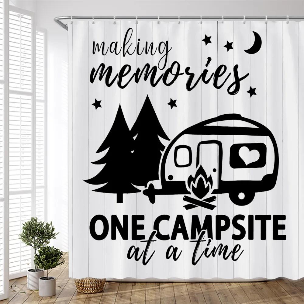 Forest Camping Poster Shower Curtain Camper Car Woods Bathroom Bath Decors Outdoor Landscape Backdrop Cloth 3D Room Curtains Set