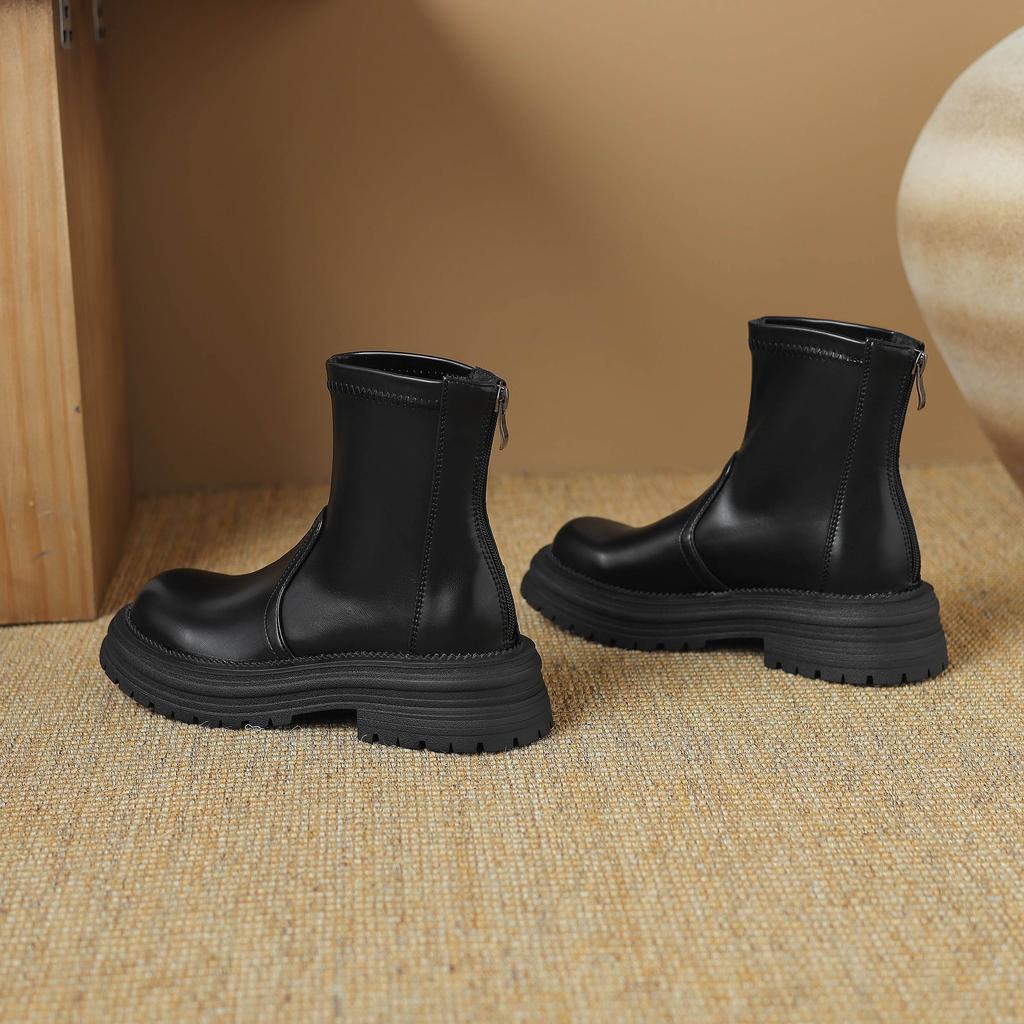 Krazing Pot Microfiber Autumn Winter Shoes Thick High Heels Zipper Platform Size 43 Motorcycle Boots Brown Color Ankle Boots