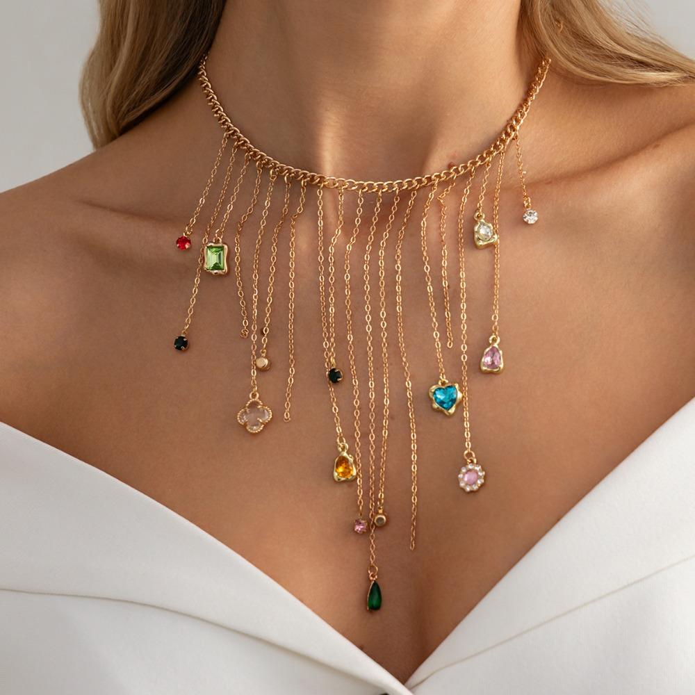 New Luxury Exquisite Colorful Heart Zircon Fringe Pendant Necklace for Women Romantic Vacation Beach Outfit Jewelry Accessories