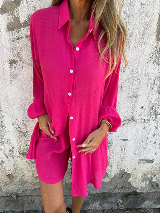 European & American Women's Cotton Linen Two-Piece Set: Solid Color Long Sleeve Crinkle Shirt and Casual Shorts (2025)