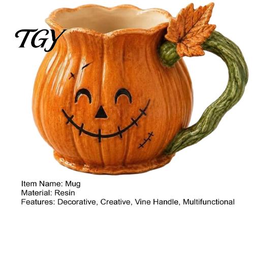 Pumpkin Coffee Mug Smiling Face with Vine Handle And Leaf Design, Resin Spooky Holiday Gift Cup, Creative Water Cup for Halloween Home