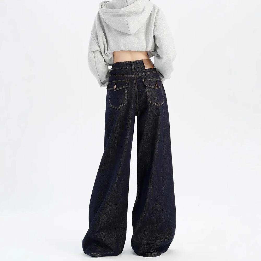 Women's Dark Blue High-Waisted Wide-Leg Jeans - Retro Floor-Length Petite Pants for Spring and Autumn
