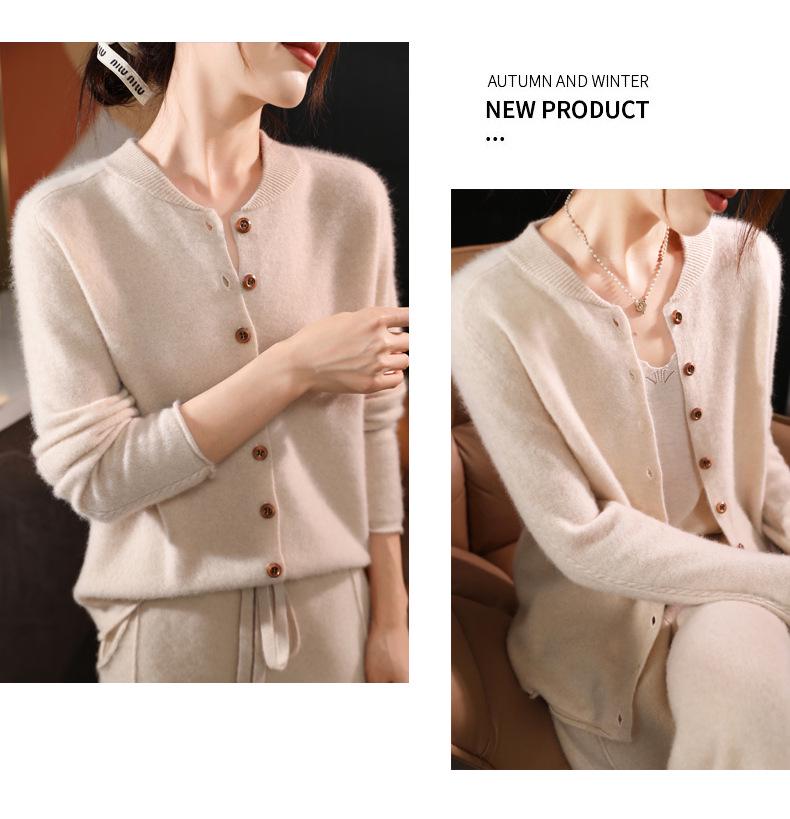 Autumn/Winter New Pure Wool Round Neck Long Sleeve Women's Cardigan Sweater Coat