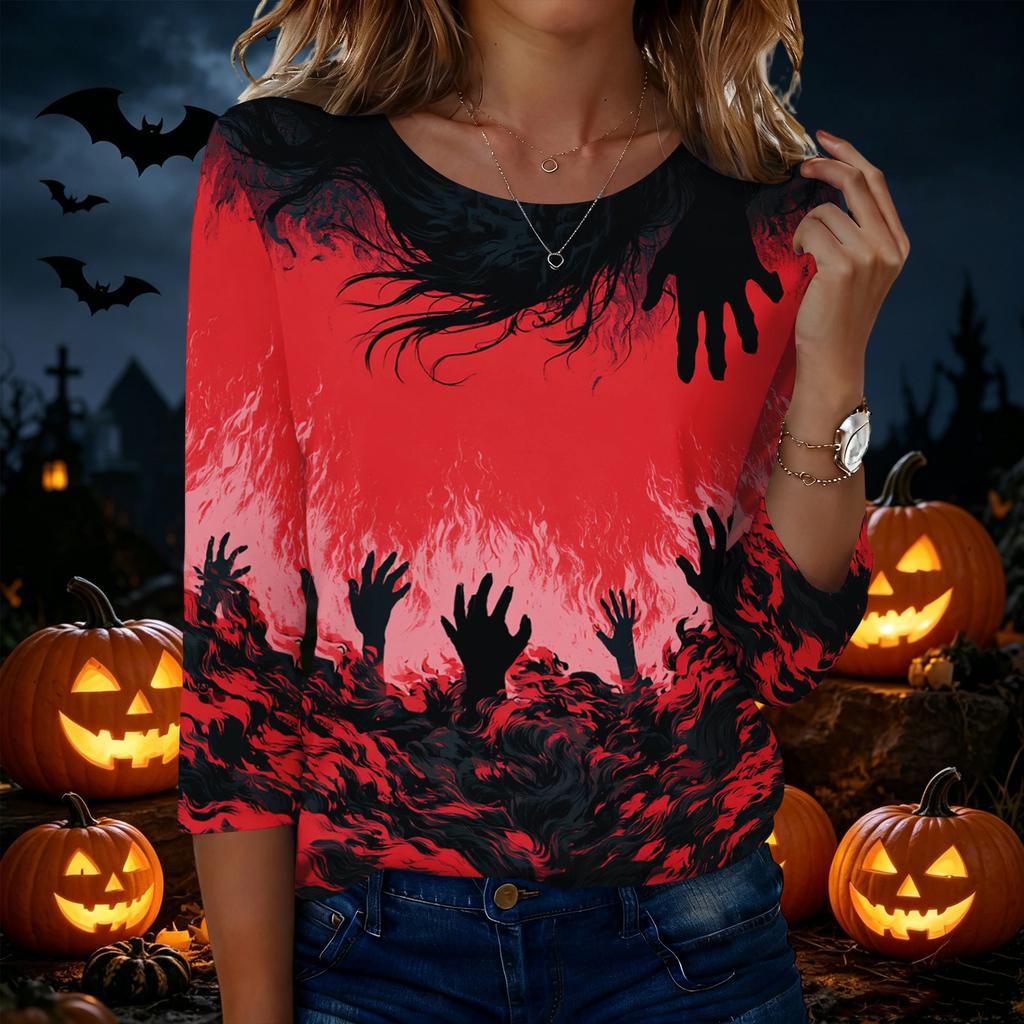 Women's Casual Crew Neck Three Quarter Sleeve Halloween Graphic T-Shirt Top Lightweight Comfortable Fit for Everyday Wear