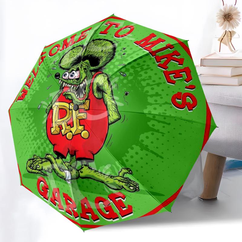 1pc Rat Fink pattern Umbrella Portable Folding Umbrella Iron Frame Hole Bone Structure Outdoor Home Umbrella