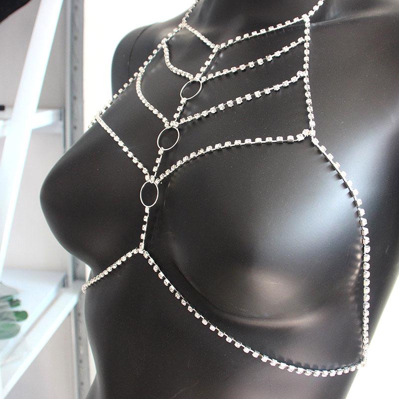 Shiny Crystal Rhinestone Bra Chain Harness Jewelry for Women Sexy Hollow Choker Necklace Body Harness Chain Bikini Top