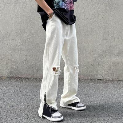 Erkek Yazlık Kot Pantolonlar Orta Yükseklikte Düğmeli-Fermuarlı Düz Renk Denim Pantolonlar Yırtık Delikli Yan Yırtmaçlı Manşetler Yüksek Sokak Stili Geniş Paça Jea