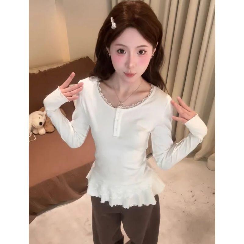260g Cotton Modal Korean Lace Trim Slimming Round Neck Outerwear Top Small грязно-белый