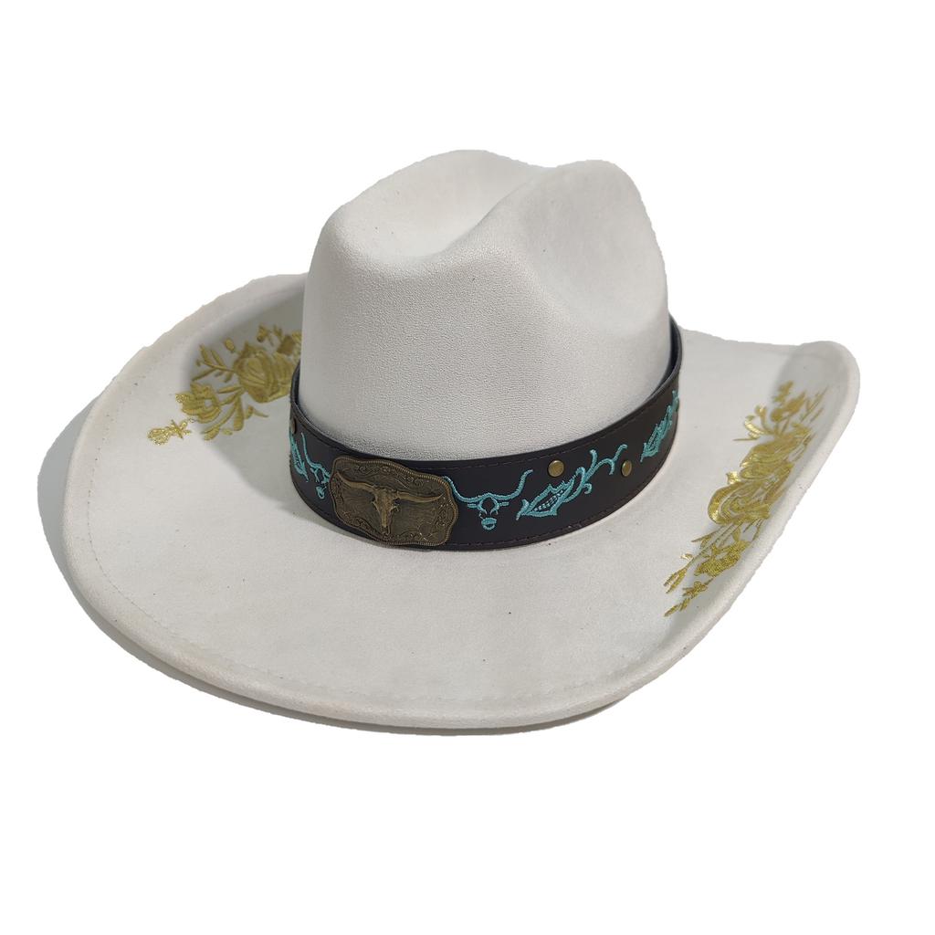 New Western Cowboy Hat Cow Head Accessories Suede Embroidered Jazz Hat European And American Men'S And Women'S Fashion Top Hat
