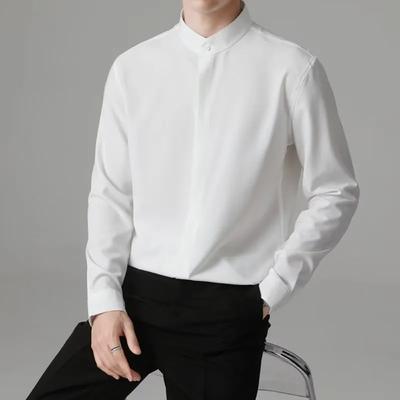 Heren Wit Mandarijnkraag Shirt Lange Mouw Casual Losse Pasvorm Zakelijk Top