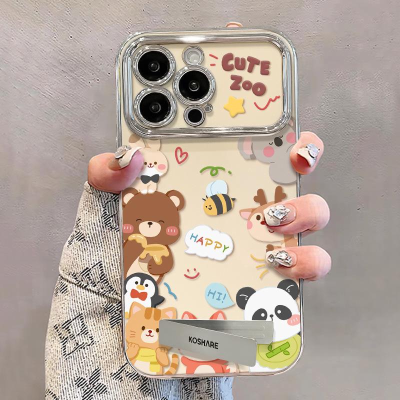 Cute Animal Bracket Bracelet Suitable for Iphone16 Apple 15 Mobile Phone Case 14 Electroplated Large Window 13 Silicone Women