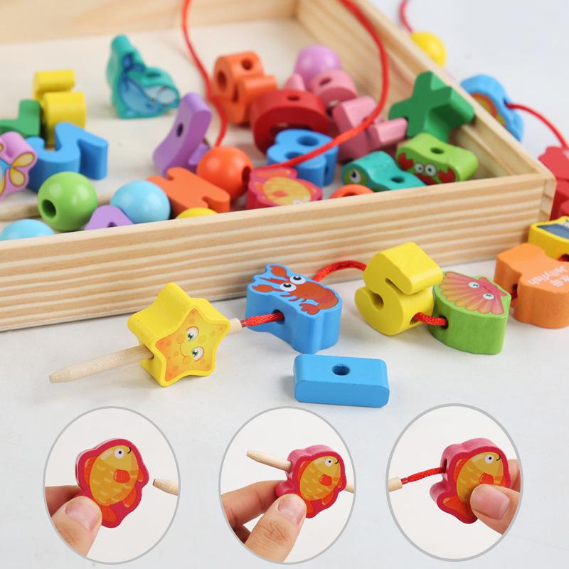 9-36Pcs Baby Wooden Toys Cartoon Fruit Animal Stringing Threading Wooden Beads Toy Monterssori Educational Toys For Kids