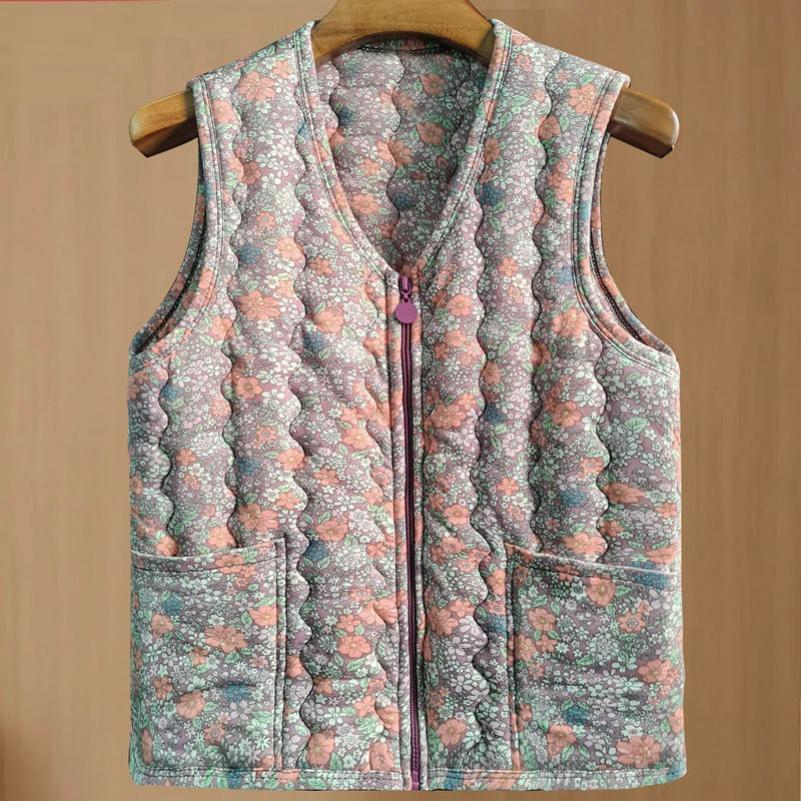 Spring and Autumn Floral Cotton Waistcoat Women's Warm Stretch Outer Wear Vest Zipper Milk Silk Short Section To Increase Waistcoat Fashion