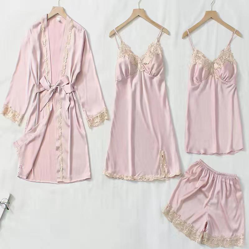 Women's Summer Silk Pajama Set: 5-Piece Long Sleeve, Lace Trim Camisole, Shorts & Pants