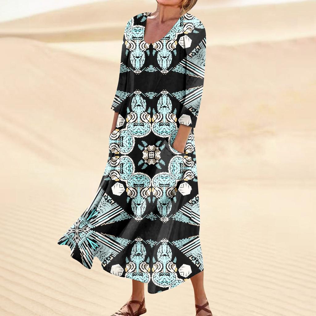 Dress For Women Spring Boho Casual Fashion 3/4 Sleeve Dress For Holiday Large Size