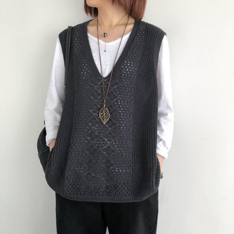 Knitted Vest Women's Vest Thin Loose Large Size Hollow Sleeveless Outer V-neck Waistcoat Retro Pullover Vest Women  Autumn Winter