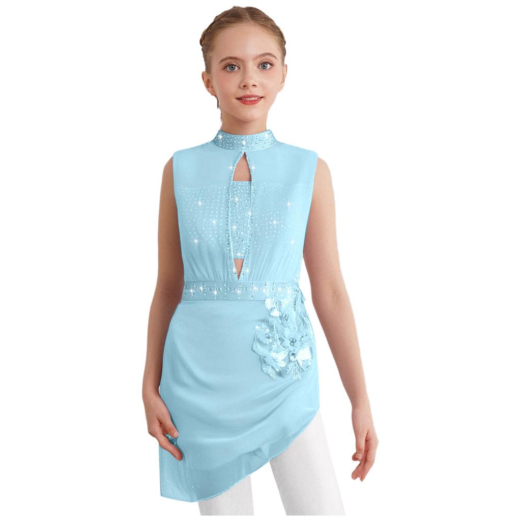 Girls Asymmetrical Skating Dress Sleeveless Backless Cutout Sheer Mesh Overlay Rhinestone Applique Competition Dance Costume