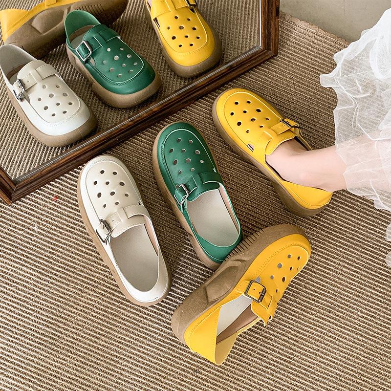 Niche Retro Middle-aged Mother Shoes Women's Autumn Leather Surface Hollow Hole Shoes Soft Sole One Pedal Thick Sole Two Wear Single Shoes