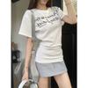 Letter-printed Short-sleeved Shirt, Summer New Slim-fitting Waist Pinch and Thin Korean Design Front Shoulder Top Women