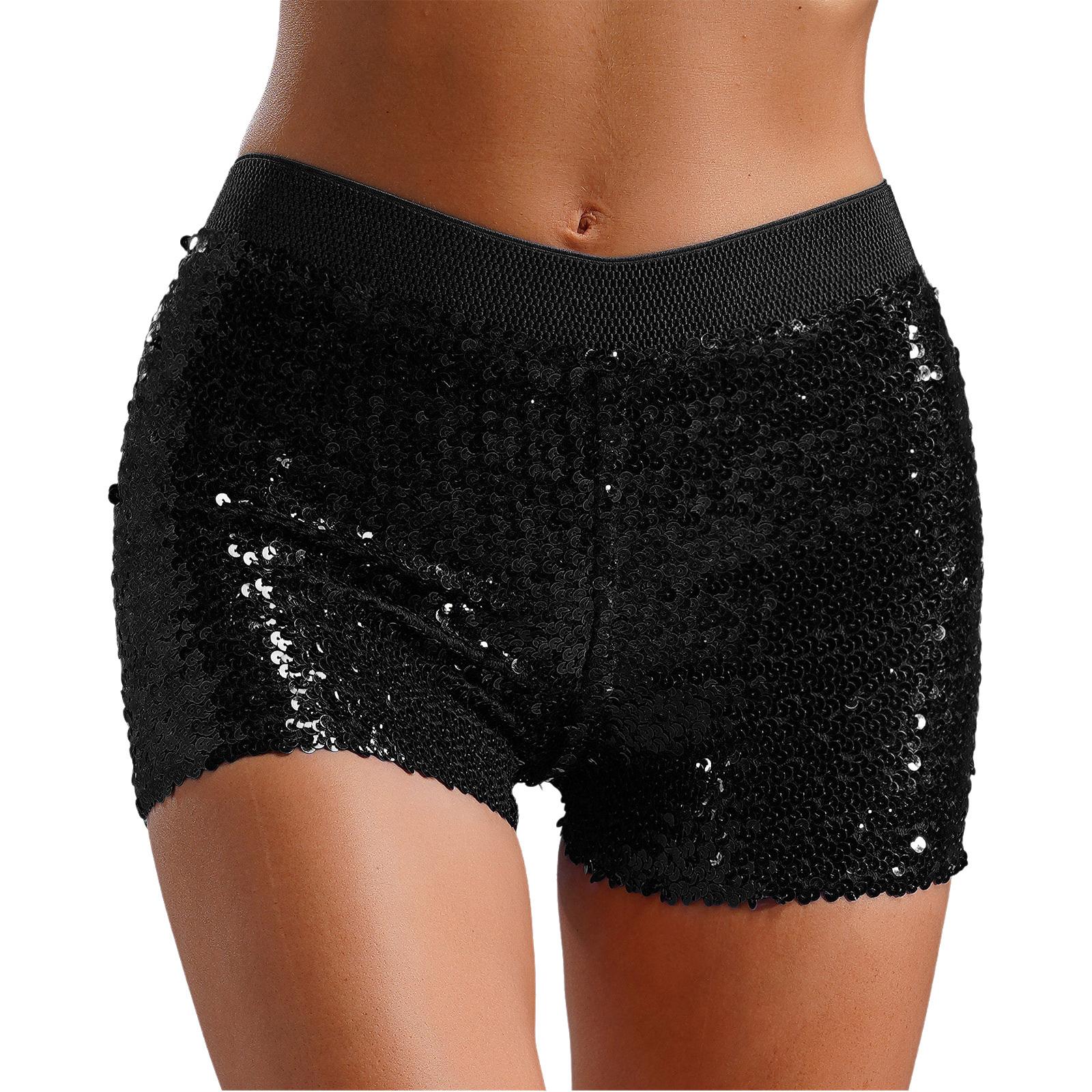 

Жіночі блискучі шорти з паєтками, еластична талія, еластичні, для вечірок, клубний одяг M чорний