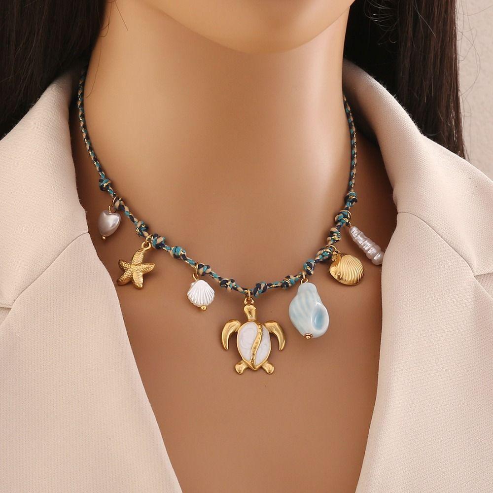 Knotting Rope Shell Pendant Necklace Ocean Series Clavicle Necklace Starfish Necklace  Summer