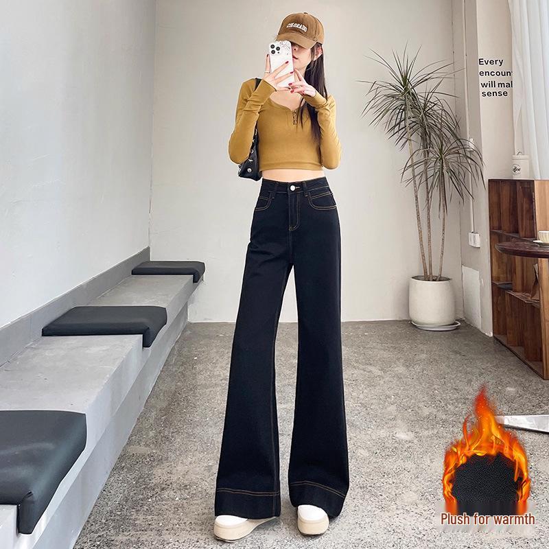 Women s Winter Thick Velvet Slimming Wide Leg Jeans - Plus Size, Dark Color, Warm Micro Flare Pants XL