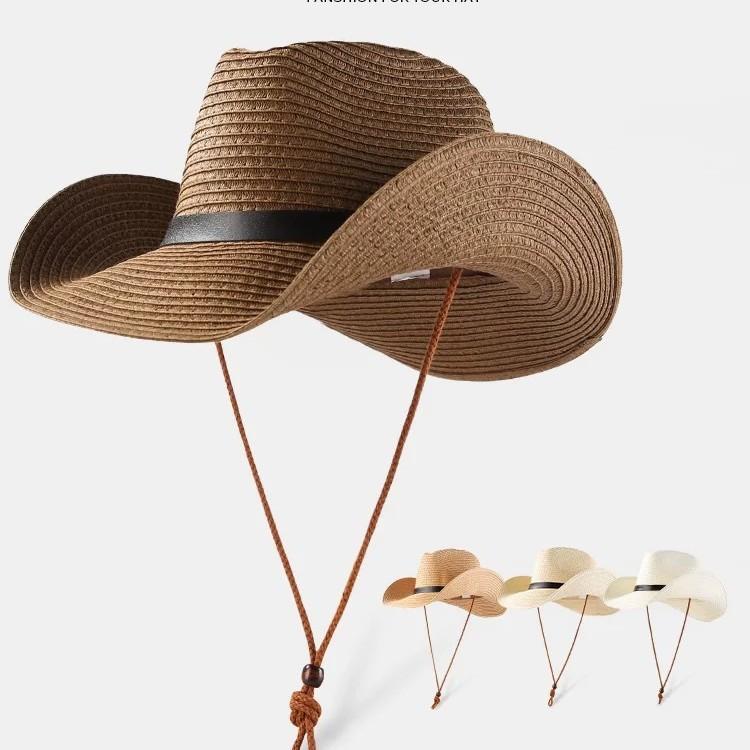 Straw Men's & Women's Adjustable Wide-Brim UV-Protective Cowboy Hat for Outdoor Hiking Summer