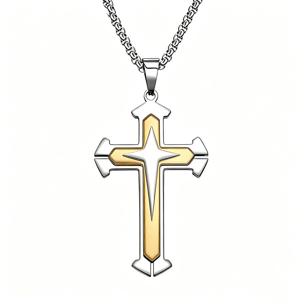 Men's Multi-layer Three-color Diamond Inlaid Cross Necklace