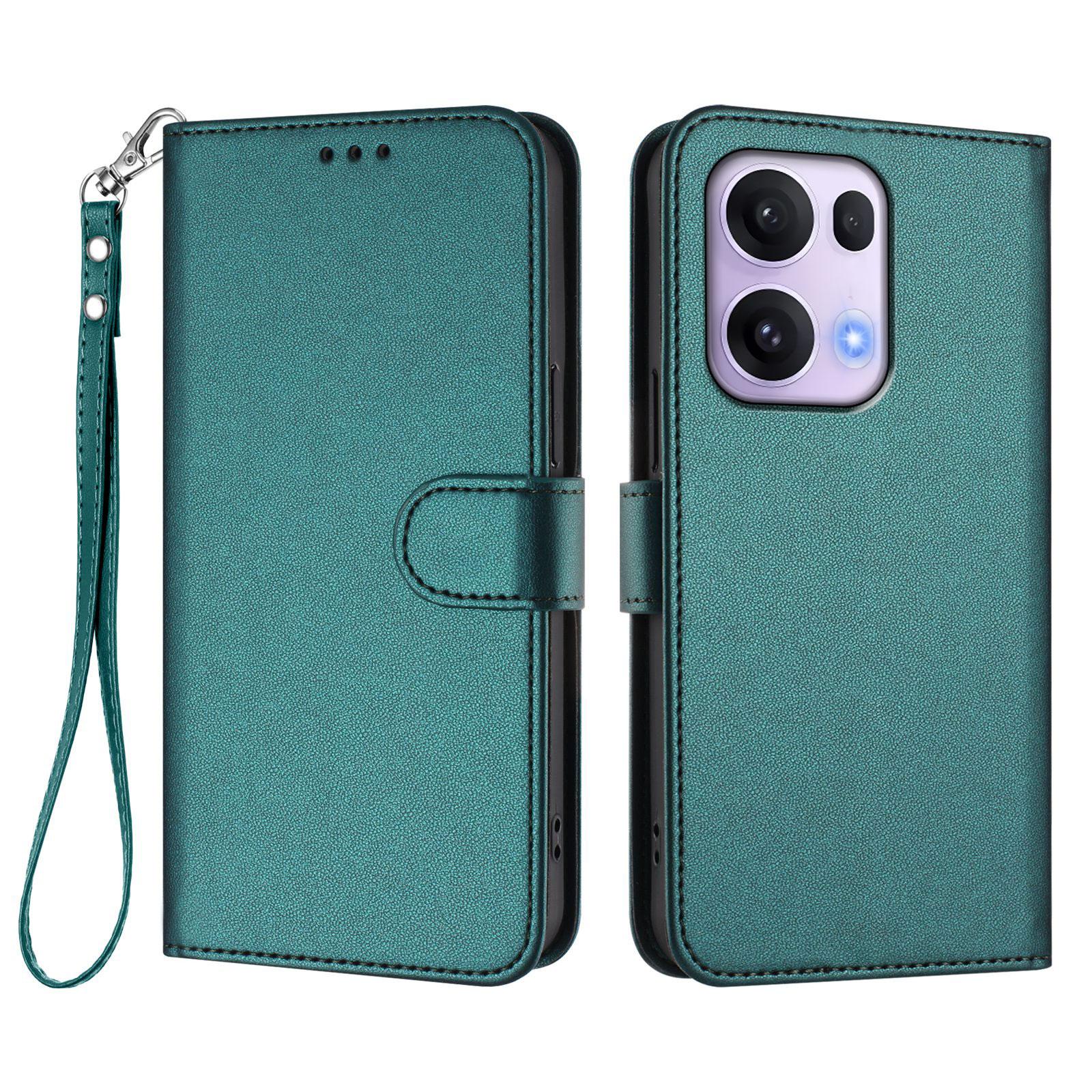 

For Oppo Reno13 Pro 5G Leather Case Wallet Stand Phone Cover with Wrist Strap Green
