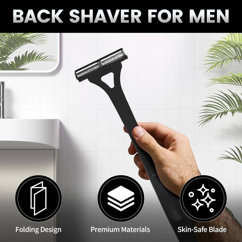 Back Shaver for Men with Foldable Long Handle, Premium Stainless Steel Body & Back Hair Trimmer, Repl aceable Safety Blades, Wet or Dry Use